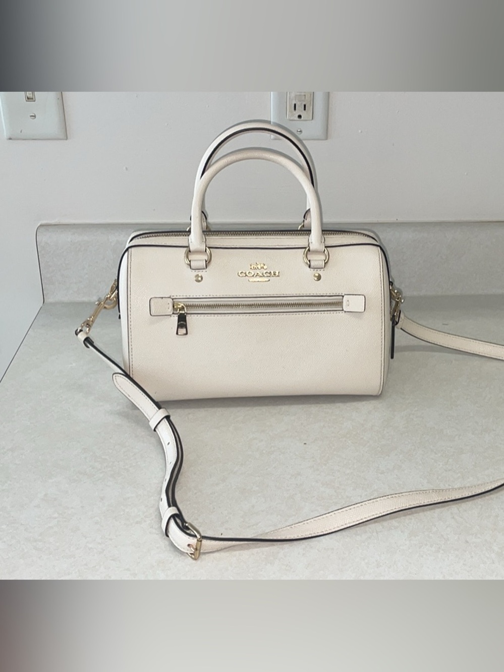 Coach Cream Leather Satchel with Gold Hardware and Removable Strap